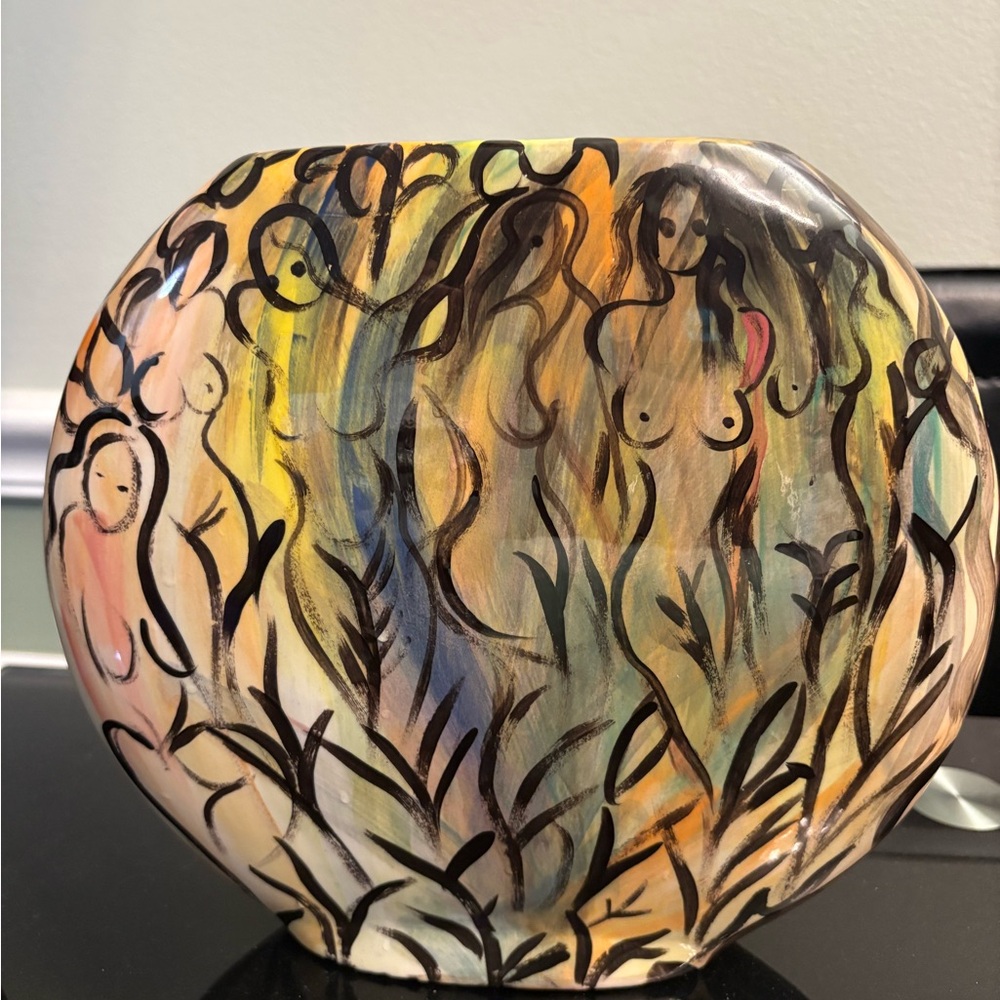 Ceramic modernist hand painted round vase woman face nudes art - Picture 2 of 5